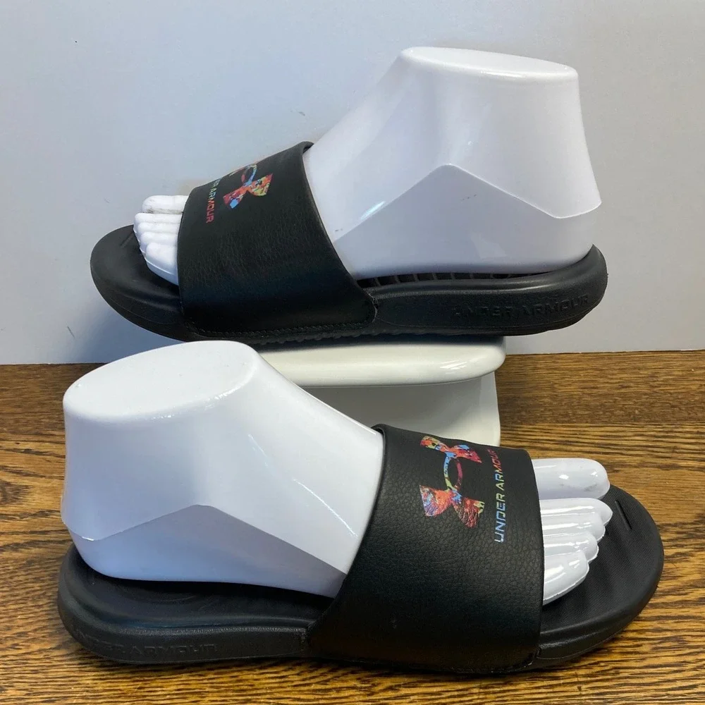 Under Armour Ansa Fix Black Multi Color Logo Slide Sandals 4Y 3024439-002
